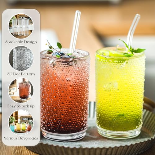 KEMORELA Hobnail Beaded Glass Cups with Straws - Old Fashioned Glasses for Whiskey, Cocktails, and Mixology - Bubble Glassware, Dishwasher Safe, Elegant Home Bar Accessory (4)