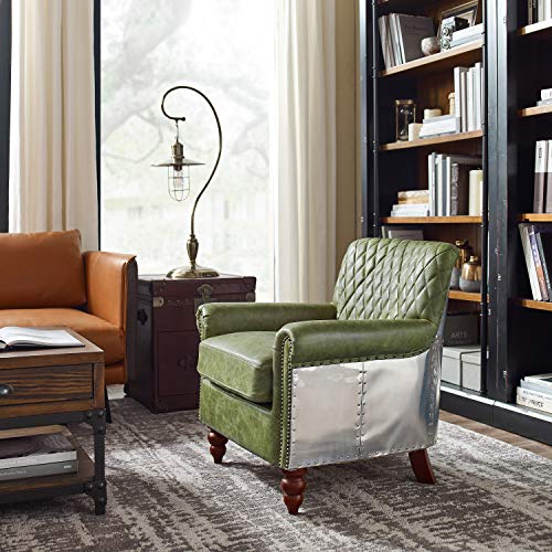 Volans Genuine Leather Chair, Vintage Mid Century Genuine Leather Accent Chair With Wood Legs, Industrial Aluminum Wrapped And Riveted Arm Chair, Emerald #TOP3