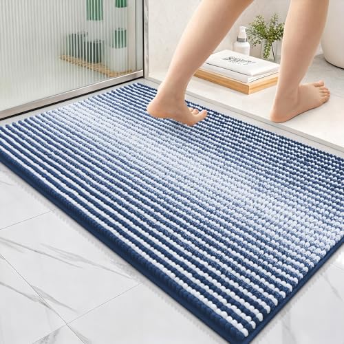 Image of OLANLY Bathroom Rugs 36x24, Extra Soft Absorbent Chenille Striped Bath Rugs, Rubber Backing, Machine Wash Dry, Bath Mats for Bathroom Floor, Tub and Shower, Home Decor Accessories, Navy