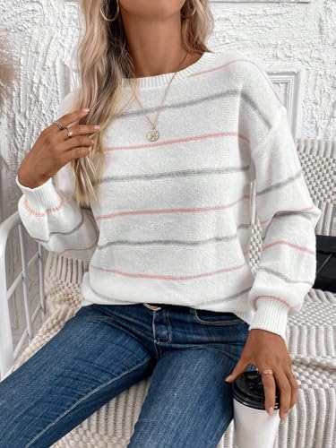 Image of SOLY HUX Striped Sweaters for Women Crew Neck Drop Shoulder Long Sleeve Knit Fall Sweater Pullover Tops White Striped Large