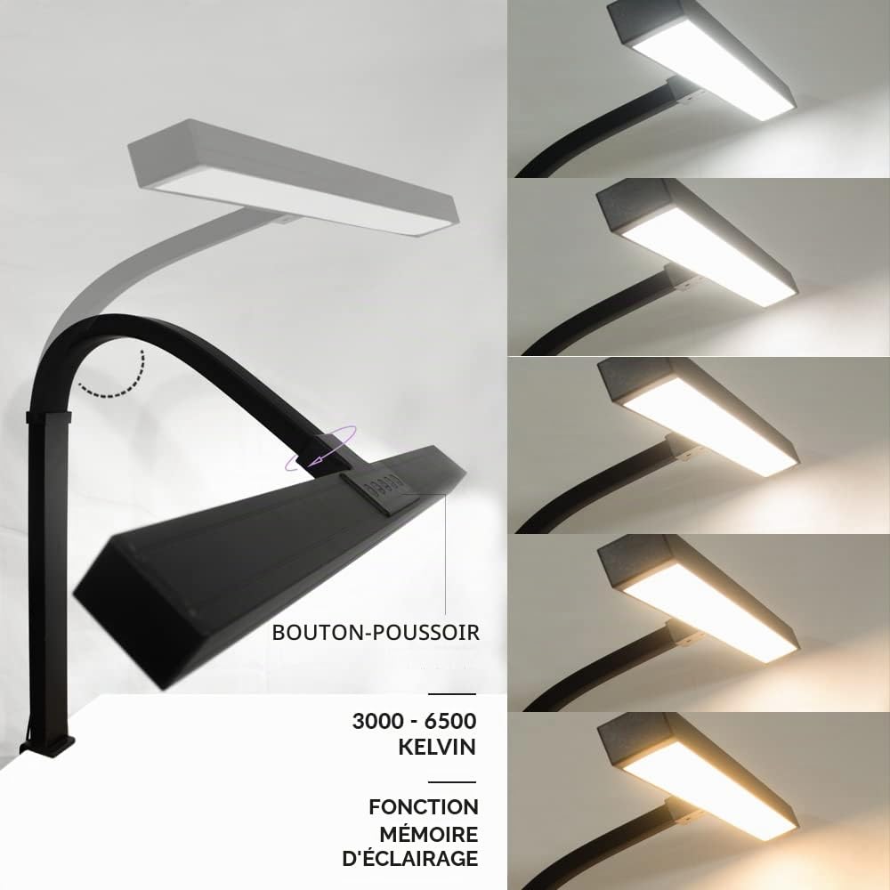 Neatfi (Nouveau modèle) Lampe de bureau LED moderne avec pince, 3 000 lumens, 3000K-6500K, intensité variable, 5 niveaux de luminosité et modes d'éclairage (80 CM, Noir)