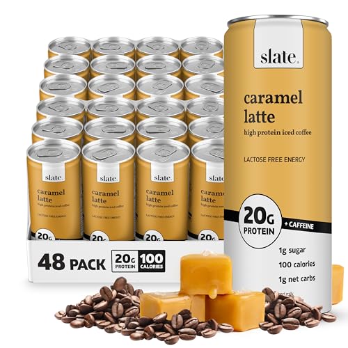 Image of Slate Milk - High Protein Iced Coffee - Caramel Latte - 175mg Caffeine, Lactose Free Energy - 20g Protein, 1g Sugar, 100 Calories, 1g Net Carbs, No Sugar Added - Protein Coffee - 11 fl oz, 48 Cans