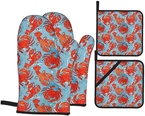 Crab and Lobster Oven Mitts and Pot Holders Sets Heat Resistant 4pcs for Baking BBQ Cooking