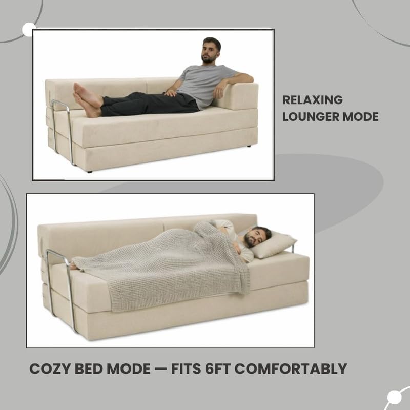 Image of Adorn India Easy Premium Modular 4 Seater Sofa Cum Bed | Velvet Suede Fabric | Colour Cream | Modern Design | Size 6x6 Fit | Comfortable for Seat & Sleep | Washable Cover | Perfect for Home & Office