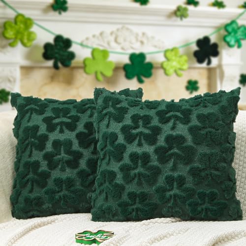 Heirloom Haven St Patricks Day Pillow Covers Set of 2 Green Shamrock Irish Soft Plush Fluffy Faux Fur Jacquard Decorative St. Patricks Day Holiday Farmhouse Cushion Case for Sofa 18 x 18 Inch
