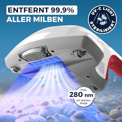 CLEANmaxx Milbensauger | Effektive Allergenbekämpfung und Sterilisation in einem durch UV-C-Licht und Feinstaubfilter | Chemiefrei und sicher für Bett, Matratze etc. | Waschbarer Feinstaubfilter