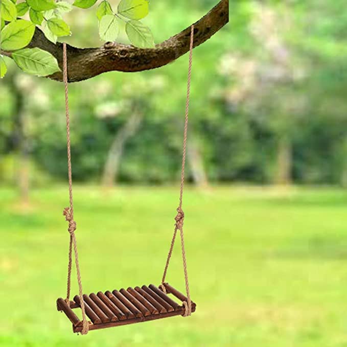 JOHN'SDECOR Wooden Swing Seat with Rope Swing Chair With Adjustable Hamp Rope Wooden Garden Swing Rustic Style Hanging Swing Wooden Garden Swing For Adults Children Outdoor Indoor