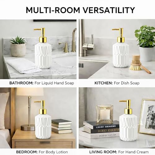 Image of Luxe Home International Geometric Texture Pattern Glass Soap Dispenser for Bathroom and Kitchen Sink Leak Proof Liquid Hand Wash Round Bottle Lightweight Smooth Finish (19x7.5 cm White) Pack of 1
