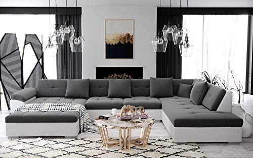ATIS - Grand Canapé d'angle panoramique en U - en Tissu et Simili Cuir - Angle Droit (Gris et Blanc)