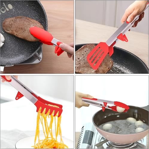 Image of YOMITH Stainless Steel Kitchen Tongs with Silicone Head, Nonstick Food Grade Cooking Tweezer Chimta for Buffet Multi Purpose Food Serving Tools (RED, 3 PCS Set)