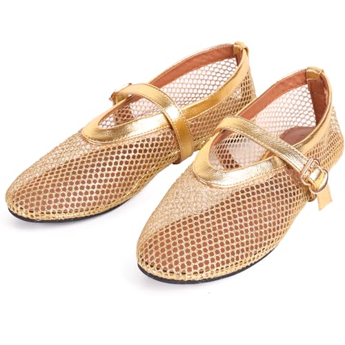 Ballet Flats Shoes for Women Mary Jane Mesh Ballet Flats for Girls(Golden one, 8)