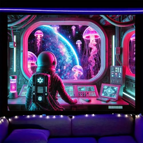 Image of Nuxovilar Neon Astronaut Wall Tapestry Polyester 78.74x59.05 In | Glow Poster Trippy Art Cosmic Decor UV Wall Hanging Studio Rec Room Themed Gathering (Astronaut Jellyfish)