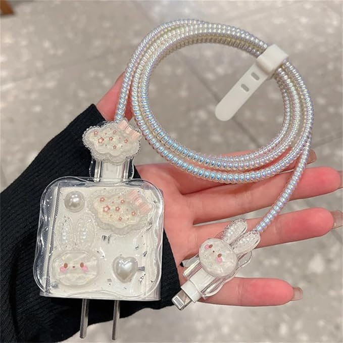 Image of Protector with 3D Cute Pattern for iPhone Charger - 18W & 20W, Data Line Wire Saver - 4 in 1 (PEARL-HEART-BEAR)