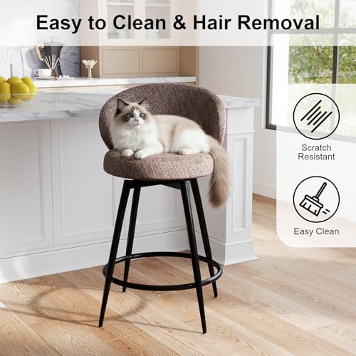 Image of Bar Stools Set of 2, 360 Swivel Breathable Fabric Kitchen Counter Height Stools, 26 inch Upholstered Bar Chair for Kitchen Islands, Restaurant, Brown