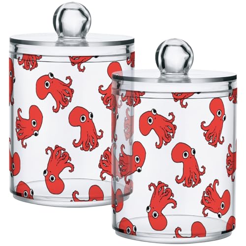 Gredecor 2 Pack Qtip Holder Clear Red Octopus Pattern Apothecary Jars with Lids Acrylic Bathroom Jars Vanity Countertop Canister Storage Organizer for Cotton Ball,Swabs,Pads,Floss