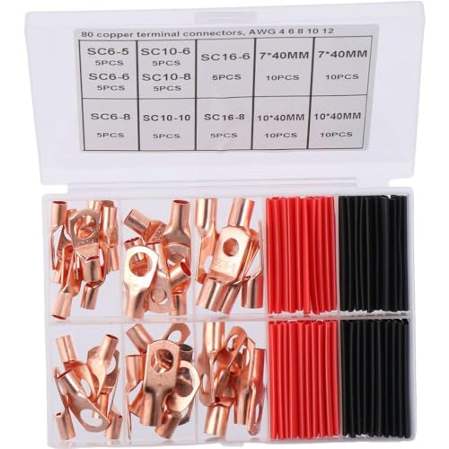 HOBBYIN 80Pcs Copper Wire Lugs Battery Terminal Connectors with Heat Shrink Set, AWG 12/10 8 6 Battery Cable Ends SC Ring Terminals Connectors, 40Pcs Battery Lugs with 40Pcs Heat Shrink Tubing Kit