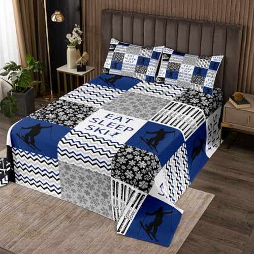 Ski Bedspread Twin Size,Winter Skiing Sport Skier Bedding Set 2Pcs for Kids Boys Girls Room Decor,Geometry Striped Grid Patchwork Comforter Set Grey White Dark Blue Quilt Coverlet,1 Pillowcase