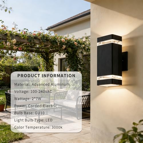 Image of JYV Square Outdoor Wall Lights, Up and Down Porch Lights, Black 4 Pack | Aluminum Exterior Lighting Fixtures with 2 * 7W Bulbs 3000K, Waterproof Outdoor Sconces Wall Lighting, for House Porch Garage