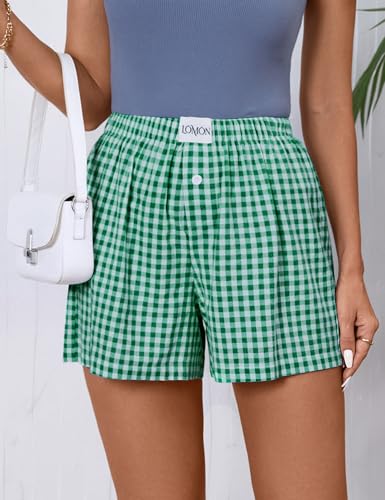 Image of LOMON Womens Boxer Shorts Casual Summer 2026 Pajama Lounge Sleep Pj Gingham Plaid Shorts Y2K Beach Bottoms