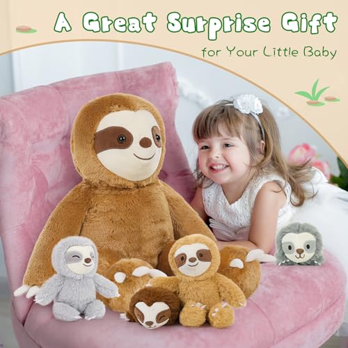 MorisMos 5 stücke Faultier Kuscheltier XXL Set, 56cm riesen Faultier Kuscheltier mit 4 Babys im Bauch, groß Plüschtier Stofftier Puppe, Slothteddy Geschenk für Babys Mädchen