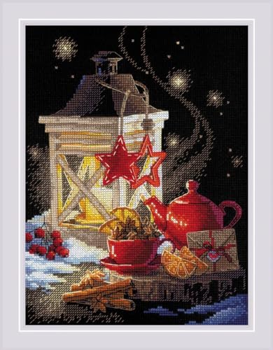 Image of RIOLIS - Winter Tea Time 1977, Christmas Cross Stitch, Cross Stitch Kits for Beginners & Advanced, Cross Stitch Kits for Adults, Counted Stitching Kits, Embroidery Kit Christmas