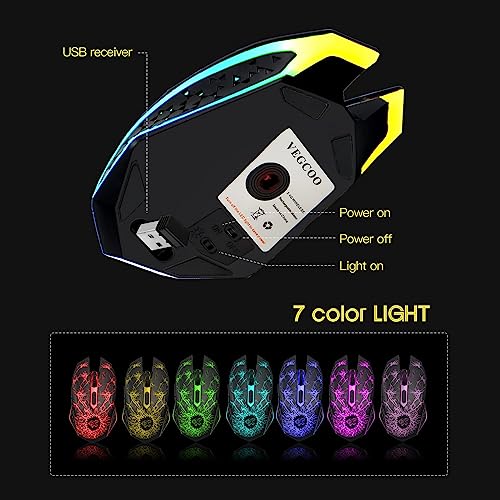 VEGCOO Gaming Maus Kabellose Mouse Gaming Silent Optical Sensor mit 1600/1200/800 DPI PC Maus Gaming mit 7 Lichtmodellen (schwarz)