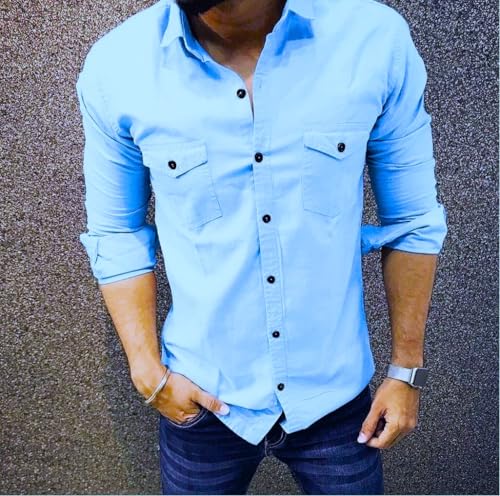 Image of BADLAND Men's Double Pocket Solid Cotton Regular Fit Casual Shirt with Spread Collar and Full Sleeves||Double Pocket Shirt for Men|| Shirt for Men||Plain Shirt for Men