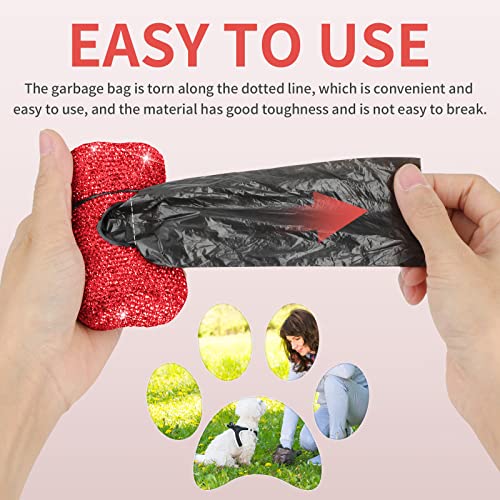Image of Dog Poop Pickup Bags Holder Dispenser with 10 Roll 150 Bags Random Color Leak-proof Scented Bling Crystal Doggy Waste Bags and Carabiner,Red