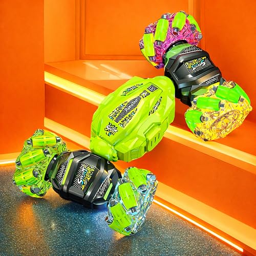 Image of VGRASSP Dual Control Twisting Drift Stunt Car Toy for Kids with Remote Control and Gesture Wrist Controller - Rechargeable 360 Rotating RC Car Toy with LED Lights, Sound Effects - Green