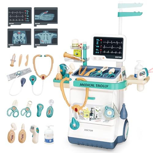 Sotodik Doctor Kit for Kids 26 Accessories Pretend Medical Station Set for Boys & Girls Mobile Cart with Stethoscope and Medical Toy Accessories for Ages 3 and Up Children Role Play Educational Toys