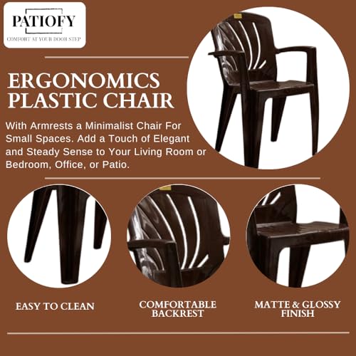 Image of Patiofy Plastic Chair for Home & Outdoor Use | Heavy Duty Comfortable Chair with Strong Legs | Stackable, Easy to Clean | Suitable for Living Room, Balcony, Patio Pack of 1 (Elba Brown)