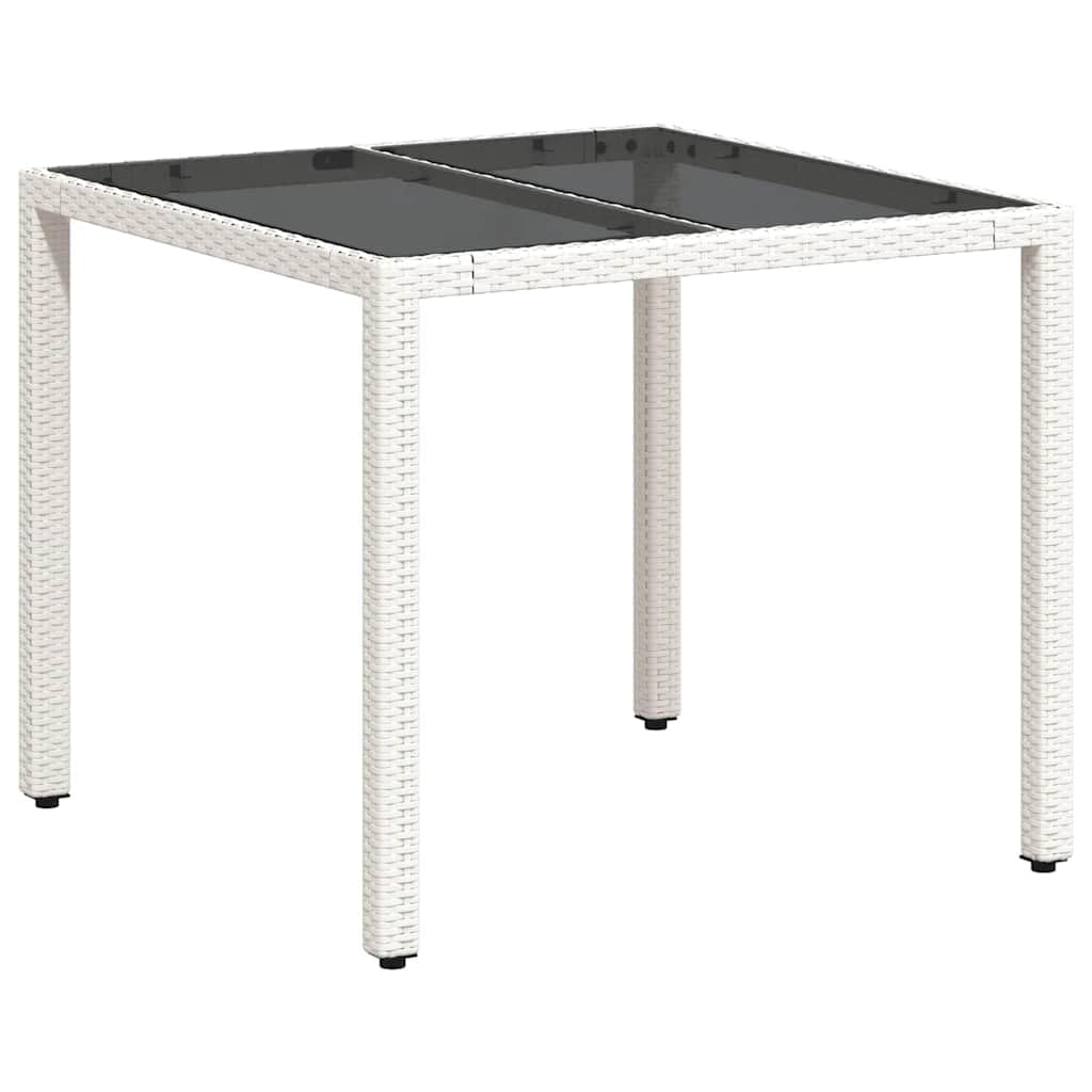 Stół ogrodowy ze szklanym blatem, biały, 90 x 90 x 75 cm, polirattan, odporny na warunki atmosferyczne, stal malowana proszkowo, stół tarasowy, stół balkonowy, meble ogrodowe