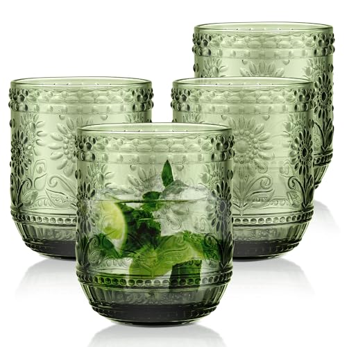 Joeyan Vasos Cristal Colorido,360ml Verde Vaso de Agua Modernos, Vaso de Vidrio con Estampado de Flores, Juego de 4 para Limonada Bebidas de Jugo Cola cóctel Cafe Sidra, Apto para Lavavajillas