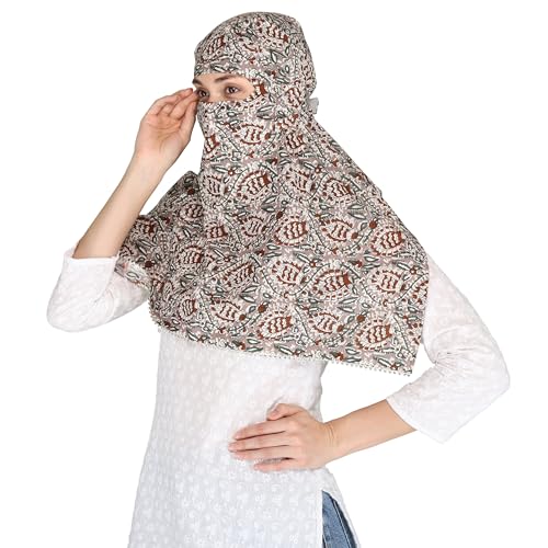 Image of Scarf Face Cover Mask Sun Protection Hair,Head, Neck, Nose Safety Head Wrap Scarf For Women Girls Daily Use Dupatta Hijab Double Layer Cotton Printed Kalamkari