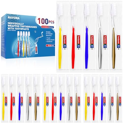 Navona 100 PCS Travel Toothbrush and Toothpaste Set Travel Toothpaste Bulk Toothpastes Individually Wrapped Bulk Toothbrush Ergonomics Handle Medium Soft Bristle Perfect for Hotel