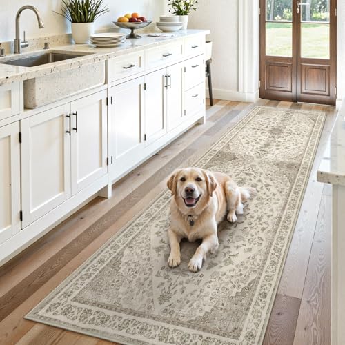 Moynesa Beige 2.5x8 Runner Rugs for Hallway, Vintage Boho Washable Runner for Entryway Kitchen Bathroom Bedroom, Faux Wool Non-Slip Water Repellent Carpets for Nursery Laundry