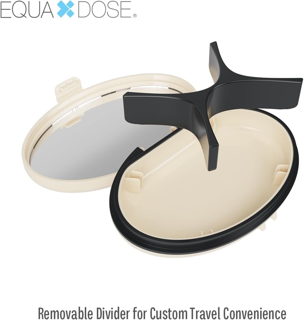 EQUADOSE Oval Compact Pill Case, Portable Organizer with Mirror, Travel Medication Holder with Removable Divider, Small Storage Case for Pills, Vitamins, Earbuds, Jewelry & Daily Essentials, Cream