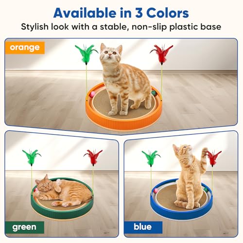 20-Inch Round Cat Scratcher with Ball Track – 3-in-1 Cardboard Scratching Pad with Feather Toy & Non-Slip Base – Interactive Cat Toy for Indoor Cats, Kittens & Large Cats (Blue)