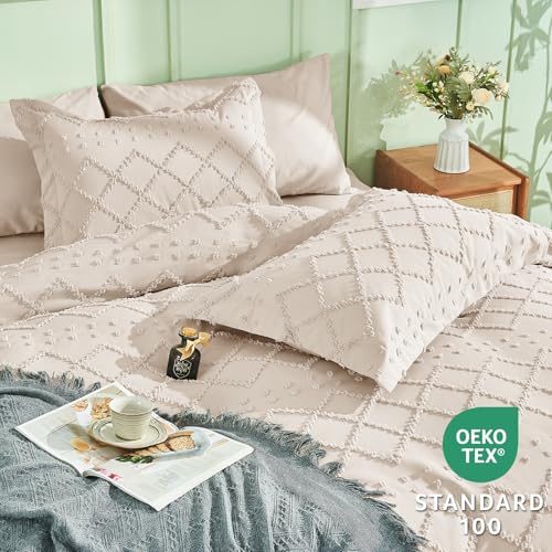HYMOKEGE Twin Duvet Cover, Boho Tufted Twin Duvet Cover Set 3 Pieces, Soft & Lightweight Shabby Chic, Embroidery Bedding Set for All Seasons, 68" × 90" & 1 Pillow Sham, Beige by HYMOKEGE - Image 3