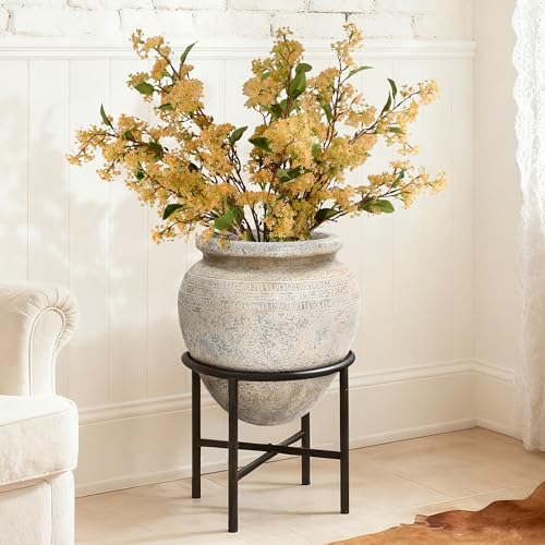 LuxenHome 17.5' Dia Large Planters for Indoor Plants, Indoor Plant Pots with Stand, Distressed Cachepot for Living Rooms, Entryway, Office