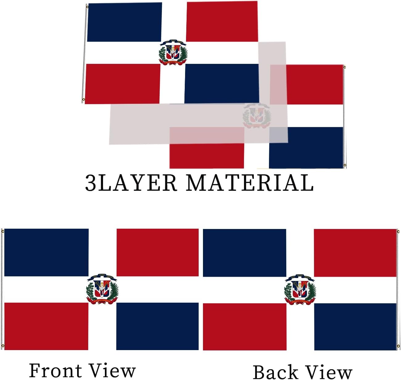 Dominican Republic Flag 3x5 Double Sided Outdoor Heavy Duty National Flags 3 Ply Polyester Material with 2 Metal Grommets 4 Rows of Stitching - Image 3