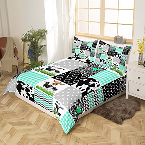 Homewish Cow Print Duvet Cover Set Twin Size Cute Cow Comforter Cover Farm Animals Print Bedding Set 2Pcs For Kids Boys Girls Room Decor, Black White Green Plaid Quilt Cover With 1 Pillowcase #TOP1