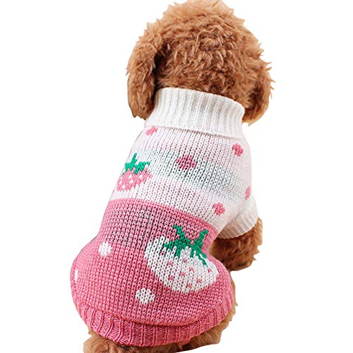 CHBORCHICEN Pet Dog Sweaters Classic Knitwear Turtleneck Winter Warm Puppy Clothing Cute Strawberry and Heart Doggie Sweater (Pink, Large)