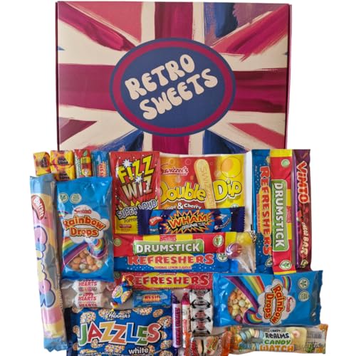 Retro Sweets Gift Box Ultimate Sweet Hamper. Packed in a fun Retro Design Box with Over 30 Nostalgic and Popular British Sweets (Medium, Union Jack Inspired Red & Blue Design)
