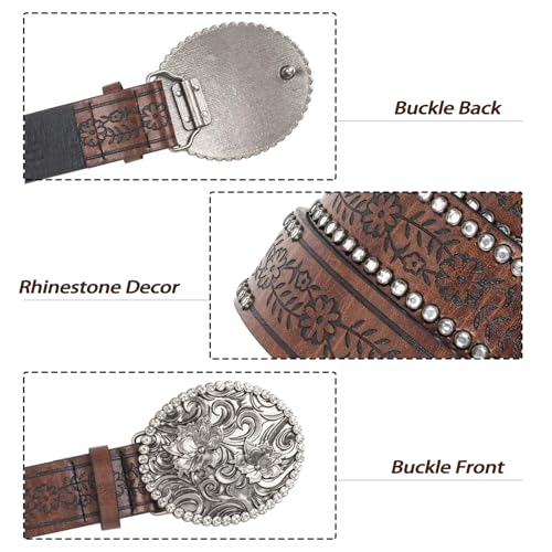 Western-Cowboy-Cowgirl-Belt for Women - Floral Rhinestone Buckle Boho-PU-Leather-Belt for Jeans Pants 28"-38"3