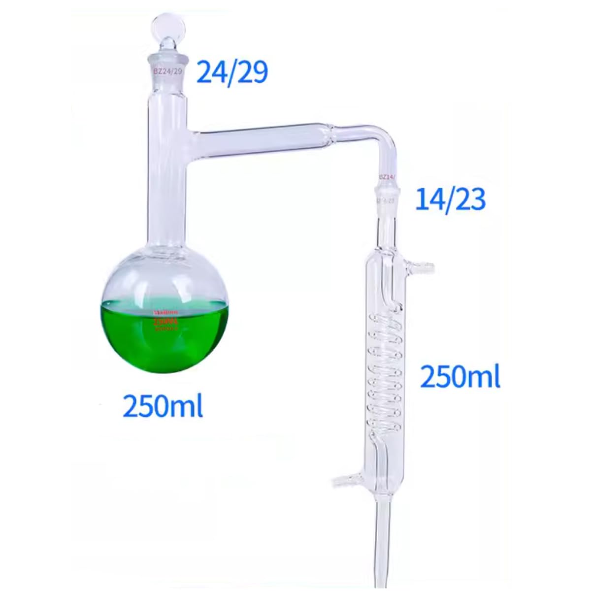 Labor Glas ätherisches Öl Destillieren Kolben+Serpentin Kondensator Glas Destillation Apparat Borosilikatglas Laborqualität Glaswaren Set (250ML)
