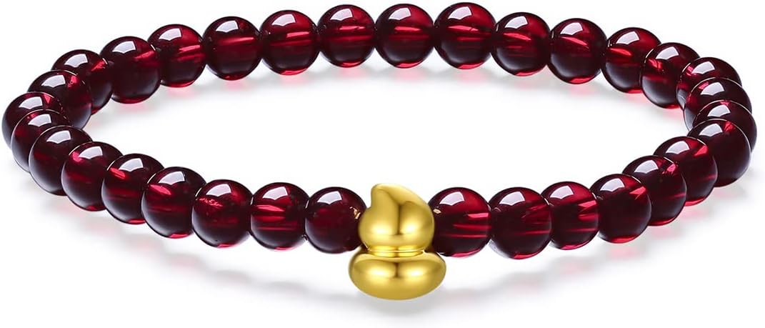 24K Solid Gold Bracelet Real Pure Gold Gourd Pig Flower Garnet Beaded Bracelet Dainty Jewelry for Women Her Anniversary Birthday