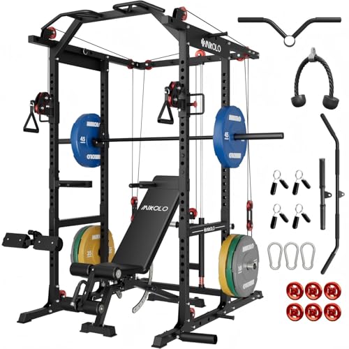 Mikolo K6 2.0 Power Cage, Power Rack with Cable Crossover System, 2000LBS Squat Rack with LAT Pull Down System, Functional Trainer with Aluminum Pulley System for Home Gym, Black, 230LB Color Weights