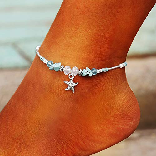 Image of Softones Blue Starfish Turtle Anklet Multilayer Charm Beads Sea Handmade Boho Anklet Foot Jewelry for Women