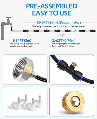 Homenote Misting Cooling System 75Ft (23M) Misting Line + 28 Brass Mist Nozzles + Brass Adapter(3/4") Outdoor Mister For Patio Garden Greenhouse Trampoline For Waterpark #TOP5